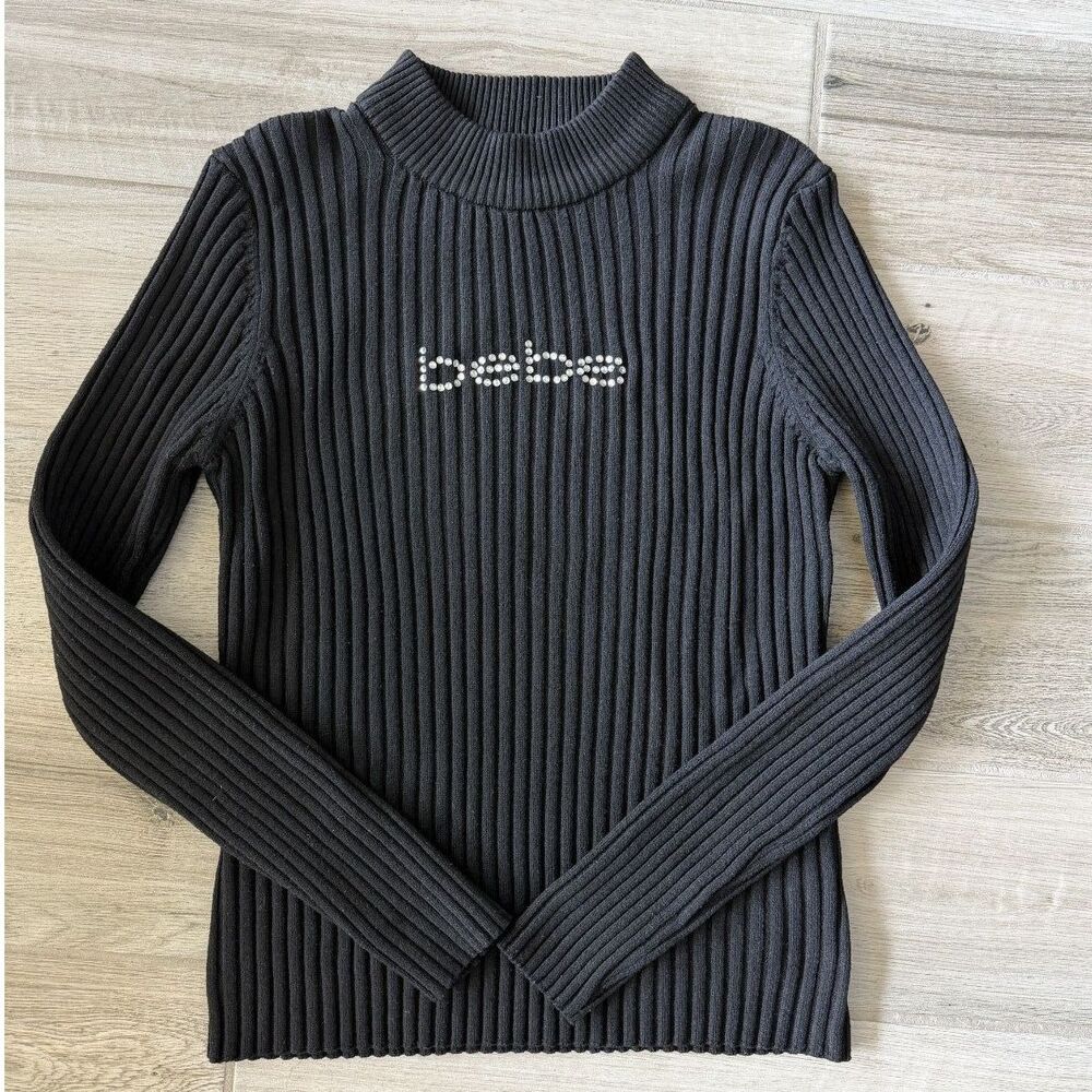 bebe Black Ribbed Mock Neck Sweater Rhinestone Logo Size L